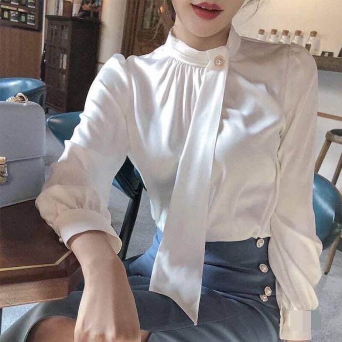 Sơ mi nữ cổ tàu vải lụa mềm mịn, sang chảnh