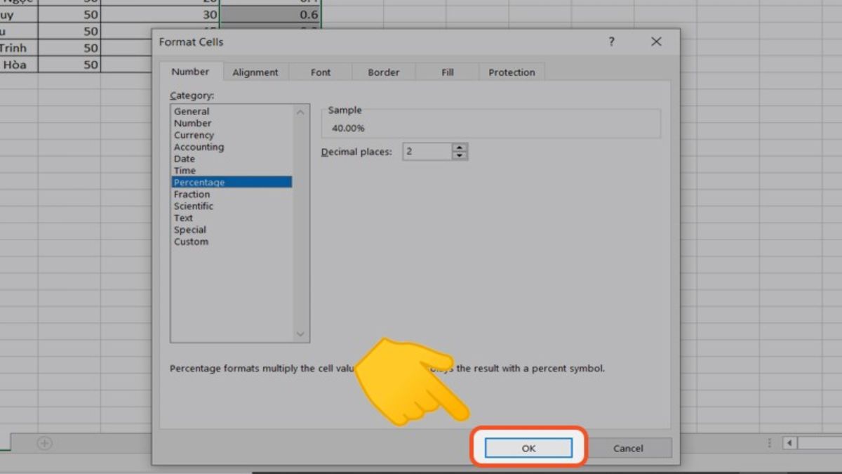 Cách tính hiển thị phần trăm trong Excel