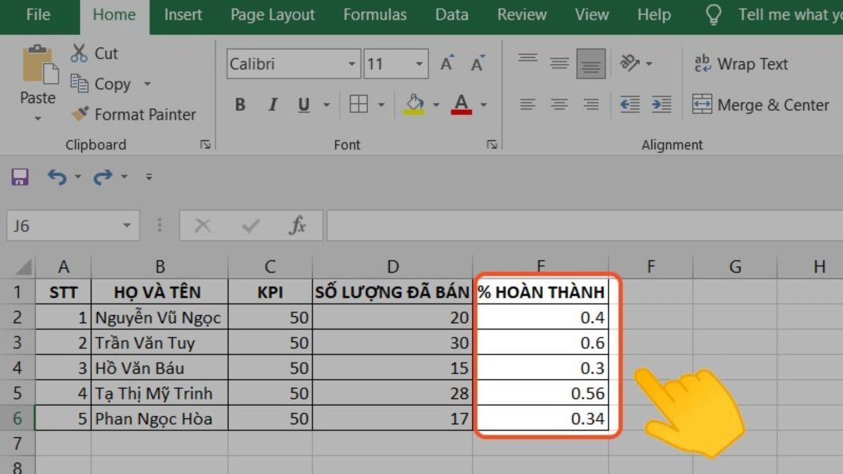 Kết quả Cách tính phần trăm trong Excel