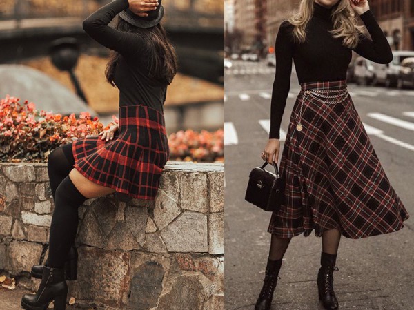 Chân váy dạ họa tiết phối cùng Style Vintage