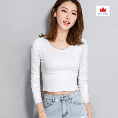 Áo Thun Croptop Cổ Tròn Dài Tay Dáng Ôm Body, Croptop Tay Dài Cổ Tròn Vải Co Giãn Màu Trơn Basic Trẻ Trung