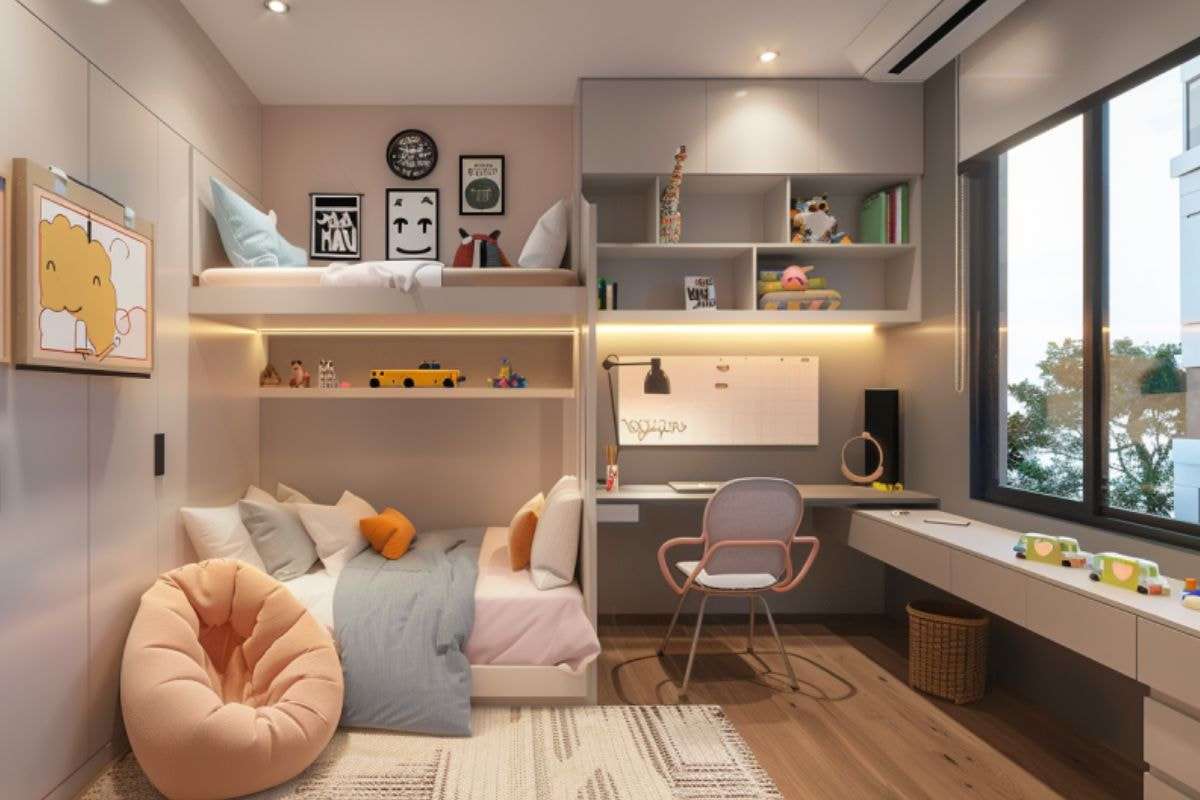 Không gian học tập của bé được trang bị thêm kệ treo để đựng sách vở để tăng diện tích lưu trữ