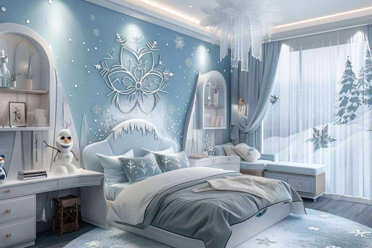 Phòng ngủ bé gái 12 tuổi được thiết kế theo chủ đề Frozen với tone xanh nổi bật