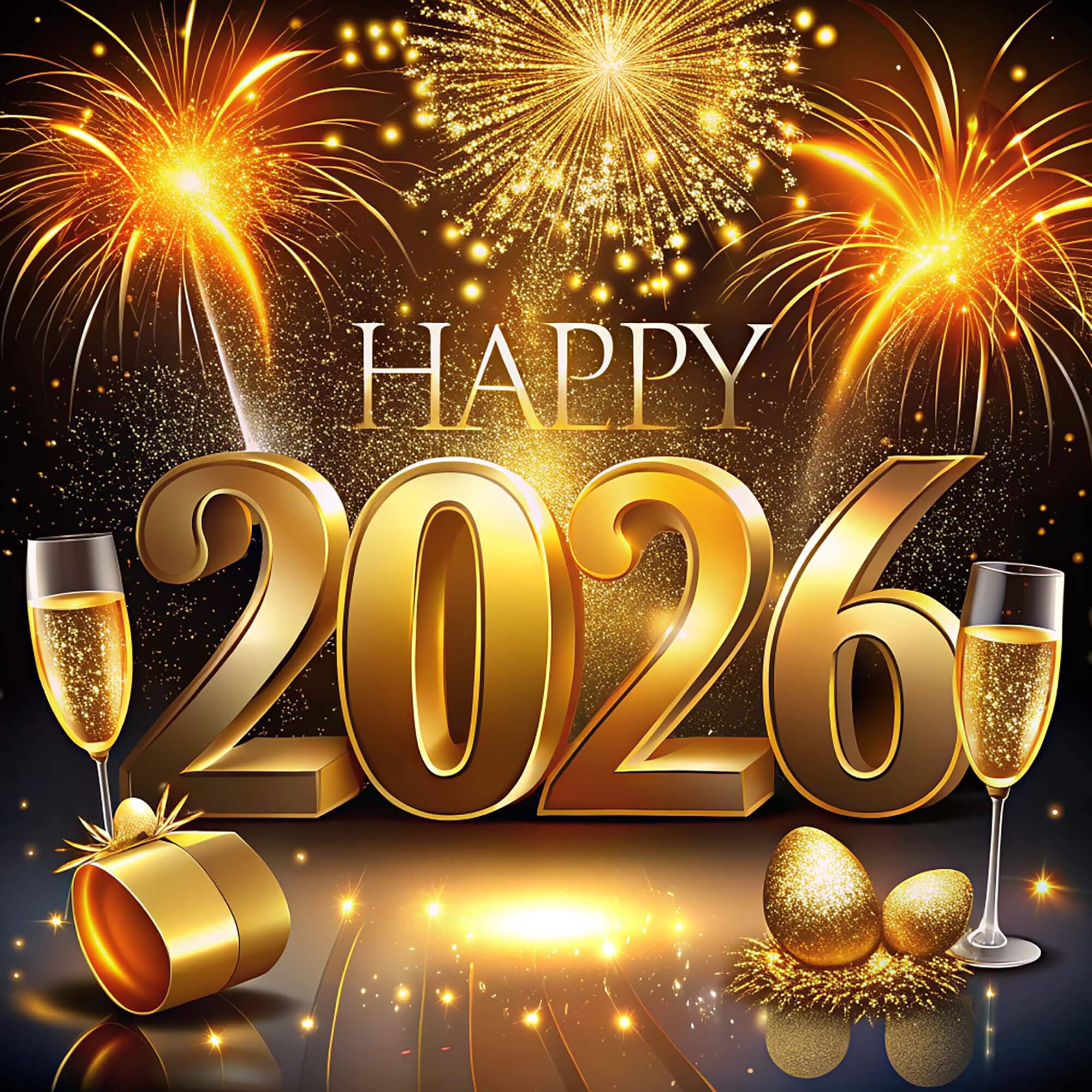 Ảnh chúc mừng năm mới 2026 pháo hoa và trứng vàng