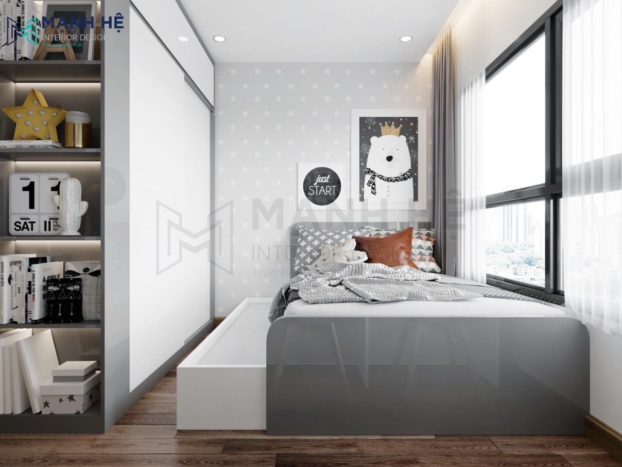 Căn phòng được tăng thêm tính thẩm mỹ với điểm nhấn decal hình nốt nhạc cạnh giường