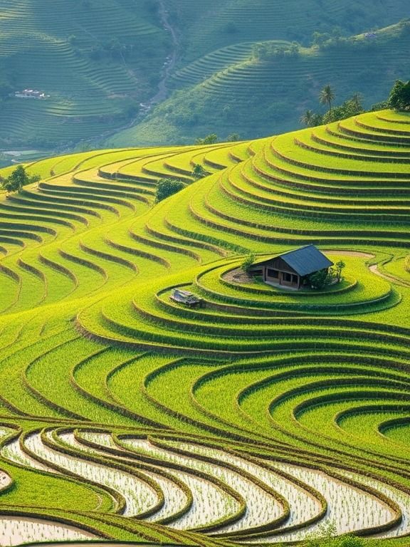 Hình ảnh làng quê thanh bình với ruộng bậc thang mây phủ trắng