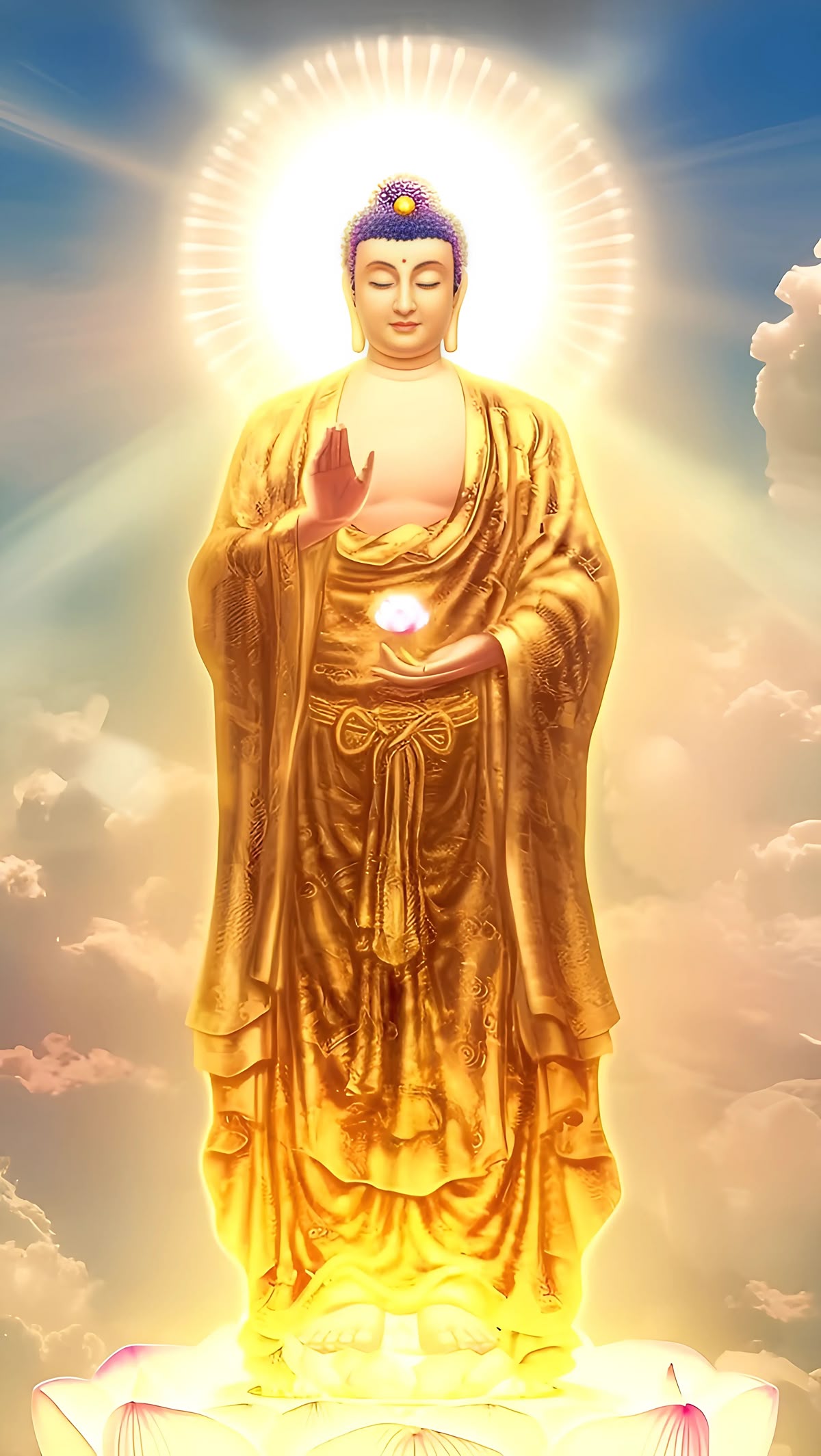 Ảnh Phật A Di Đà đứng trong ánh sáng màu vàng