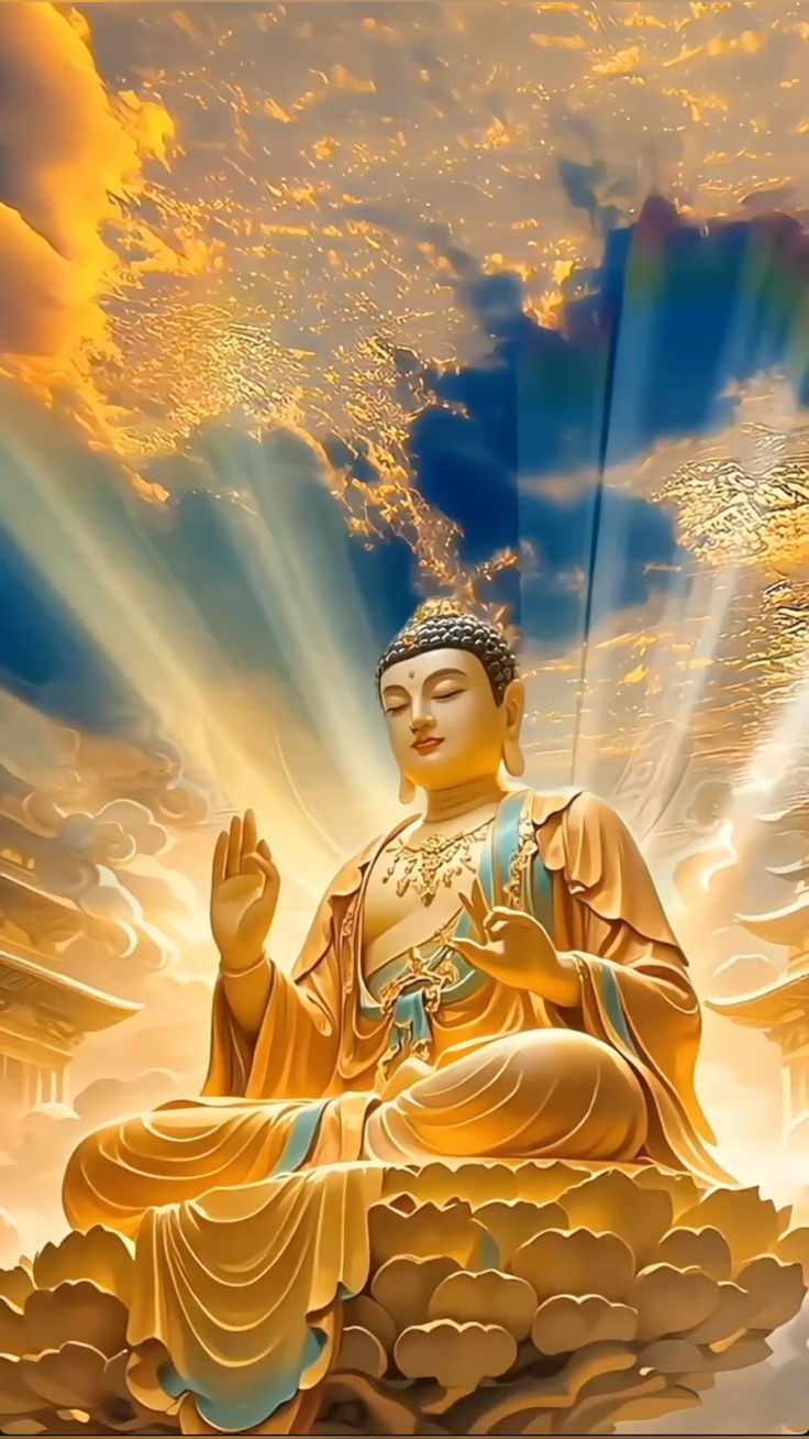 Hình ảnh Phật A Di Đà tiếp dẫn nền vàng nghệ thuật