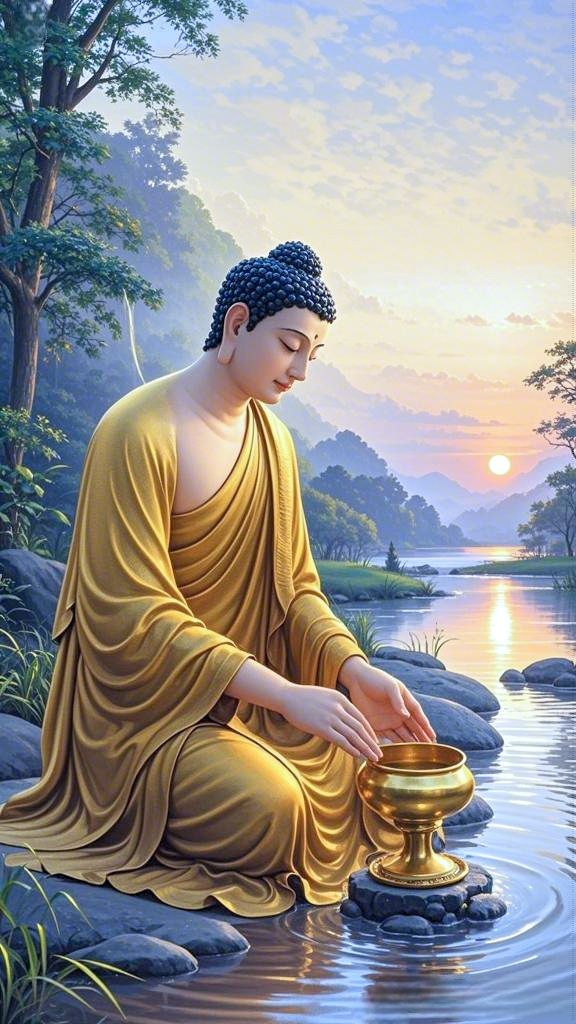 Ảnh Phật A Di Đà đứng phát sáng nền vàng ấn tượng