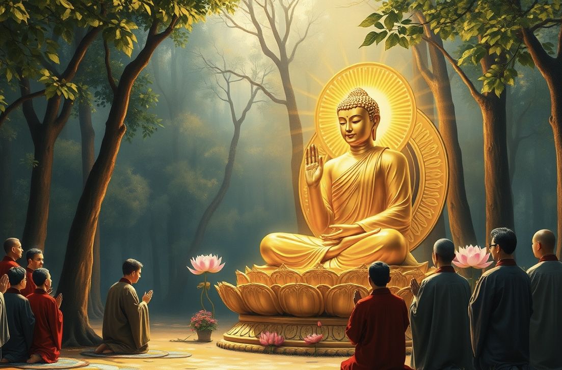 Ảnh Phật A Di Đà ngồi giữa ánh sáng vàng