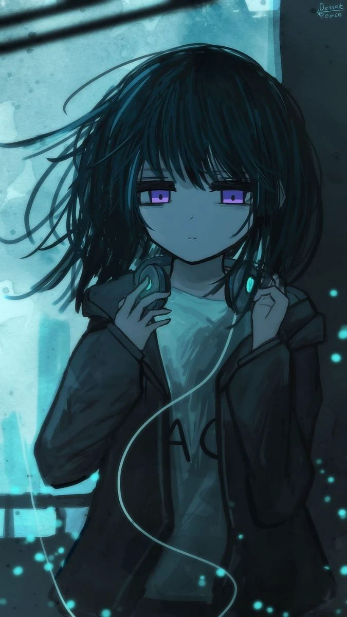 Ảnh nền buồn anime cô gái nghe nhạc 1 mình