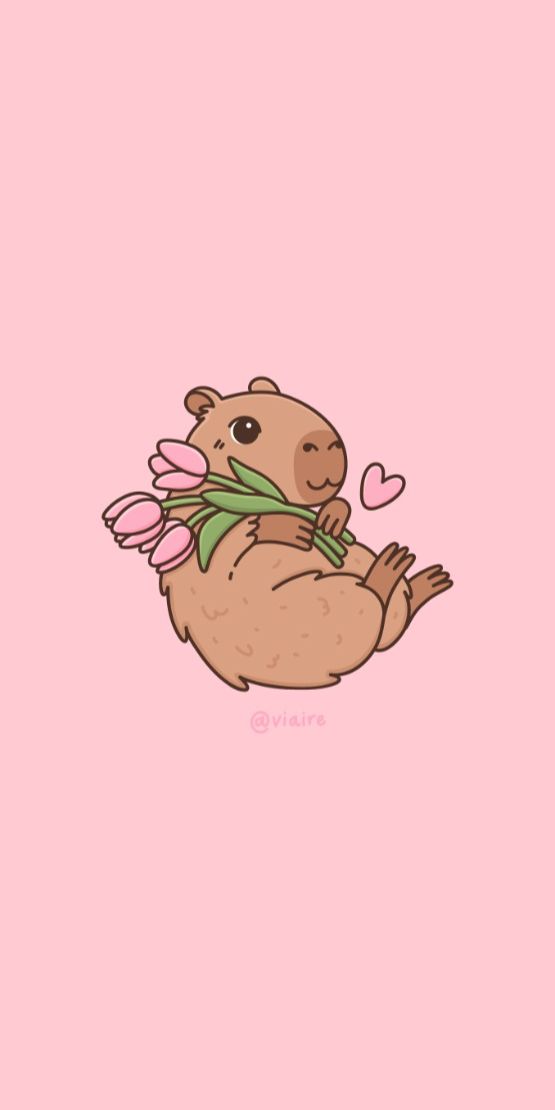 Hình nền capybara đáng yêu ôm bó hoa
