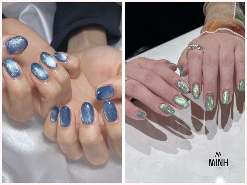 Mẫu nail mắt mèo xanh pastel