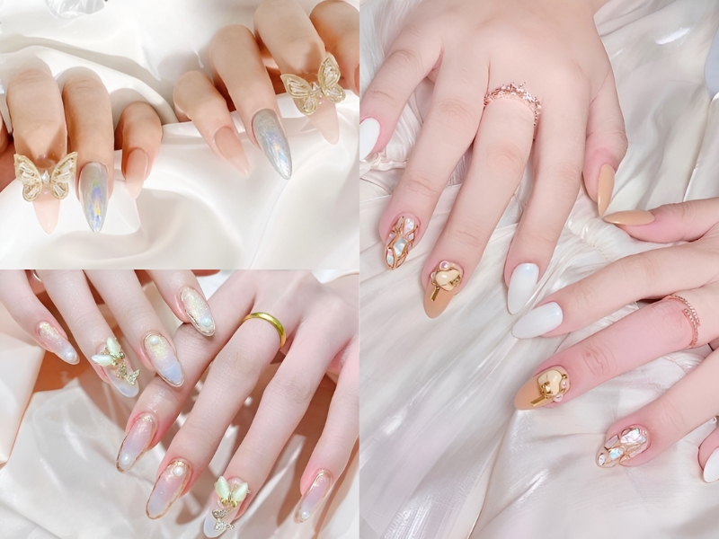 Nail cô dâu Hàn Quốc trẻ trung cho nàng dâu mới. (Nguồn: Carolaine Góis - Pinterest)