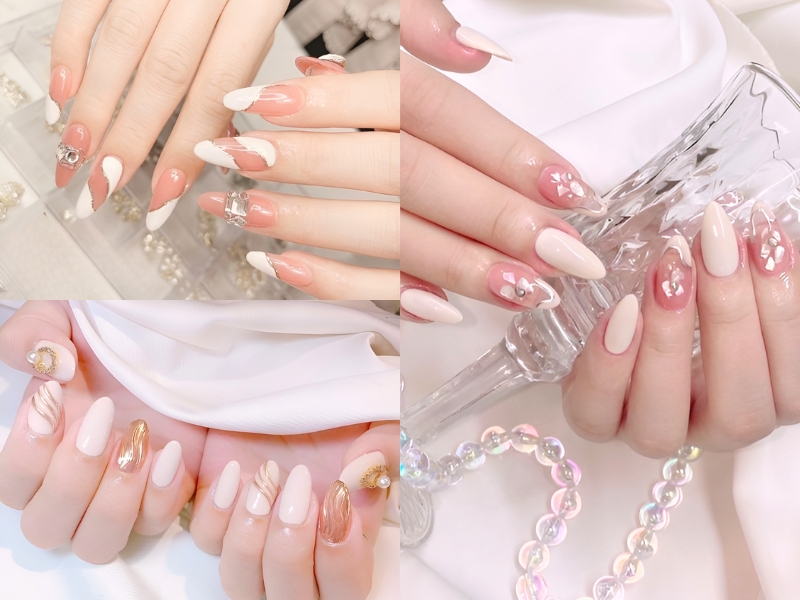 Nail cô dâu hoạ tiết đan xen sáng tạo. (Nguồn: Marie - Pinterest)