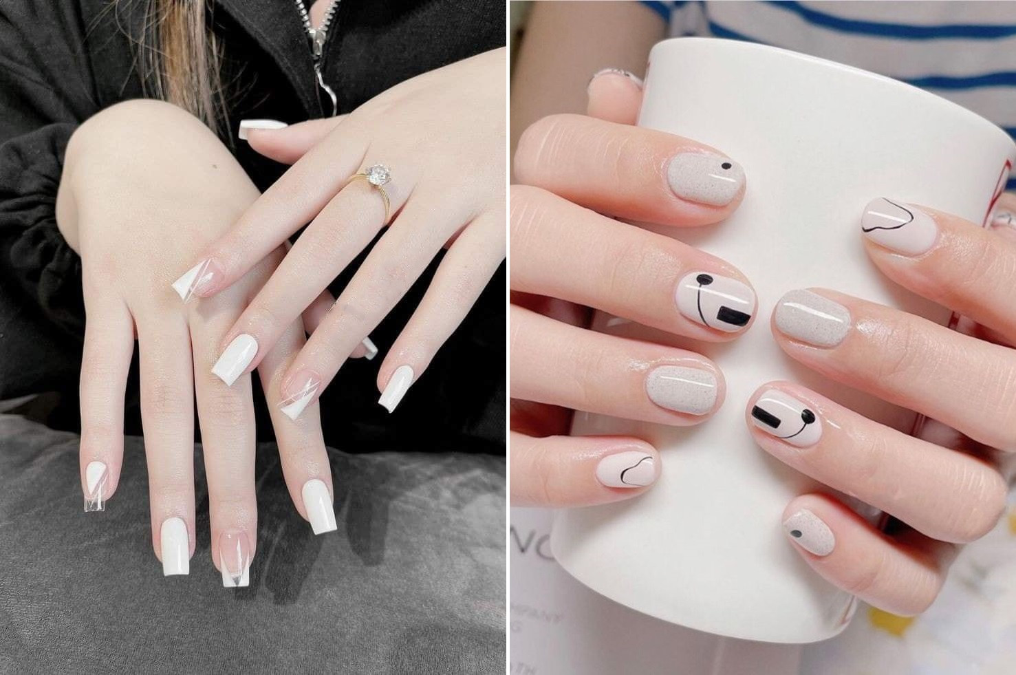 Mẫu móng tay màu trắng vẽ họa tiết đơn giản thịnh hành.