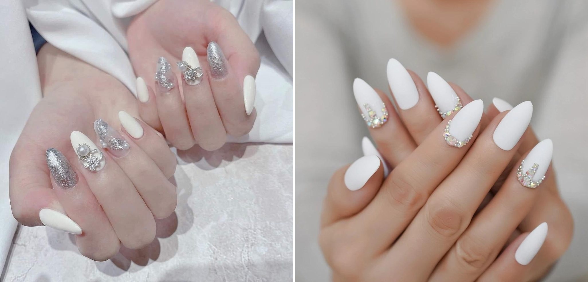 Móng tay màu trắng đính đá thanh lịch.
