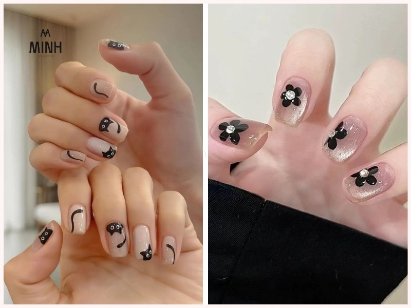 Mẫu nail móng ngắn đen trắng cá tính