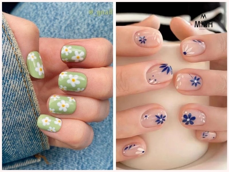 Mẫu nail móng ngắn vẽ hoa nhẹ nhàng