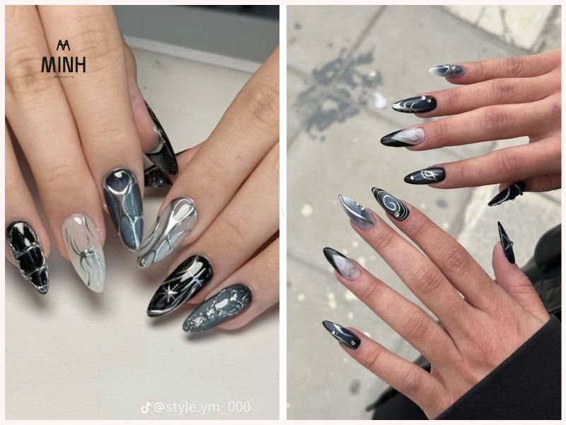 Mẫu nail đẹp cho móng dài màu đen