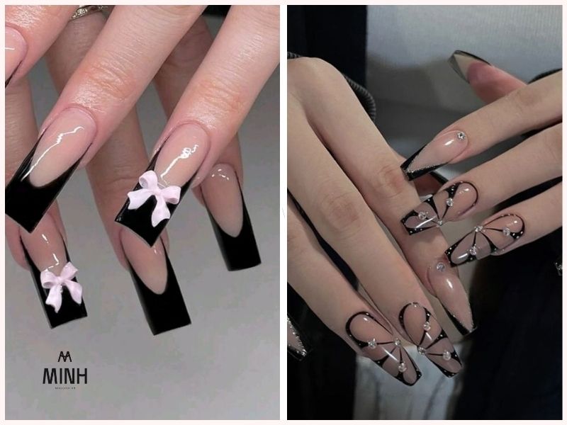 Nail màu đen sơn thạch cho móng dài
