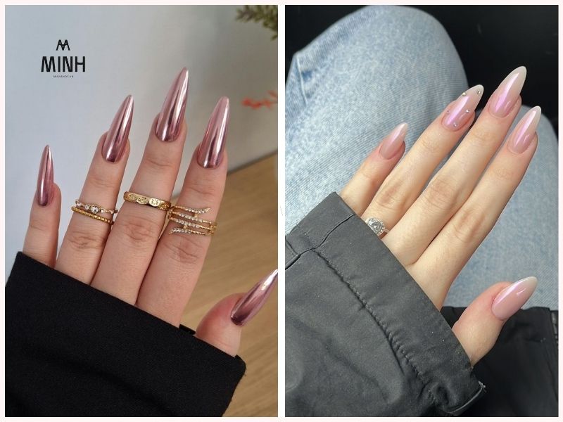 Những mẫu nail đẹp màu hồng tráng gương