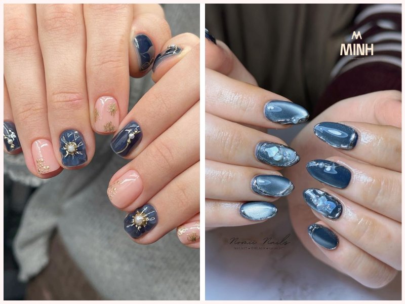 Mẫu nail xanh dương đẹp có họa tiết