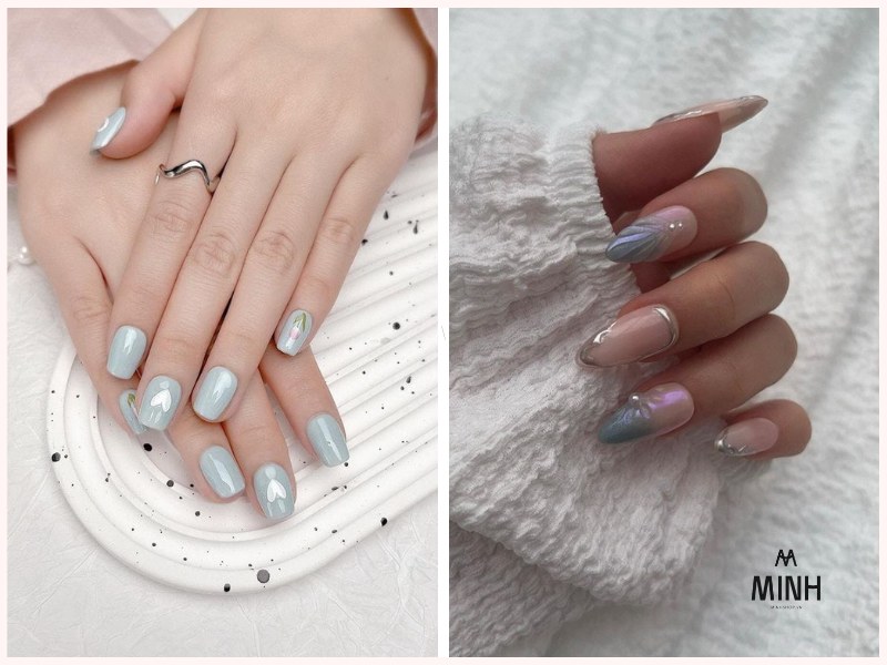Mẫu nail xanh dương đẹp với họa tiết hoa