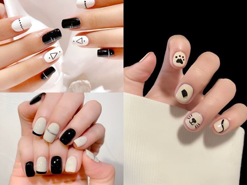 Nail ngắn tông trắng đen độc lạ cho nàng cá tính. (Nguồn: Moonnnnn_1712 - Pinterest)