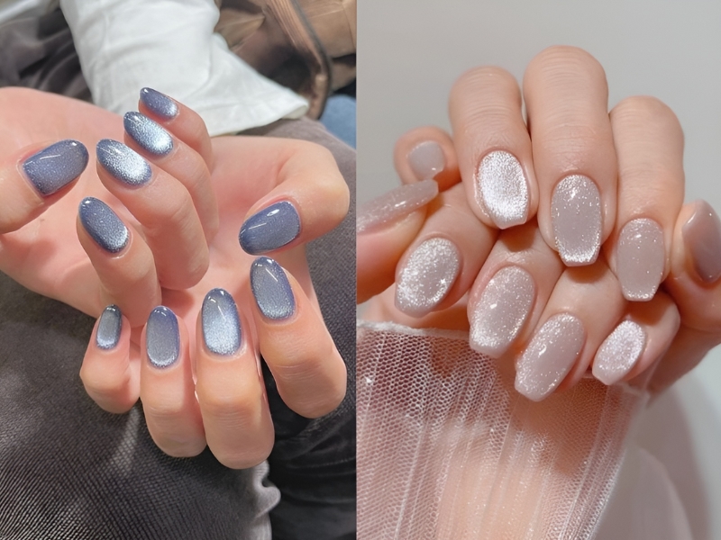 Mẫu nail sơn thạch đơn giản mắt mèo ánh nhũ
