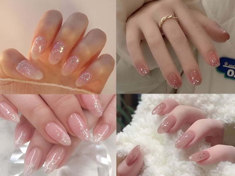 Mẫu nail sơn thạch đơn giản màu hồng kim tuyến