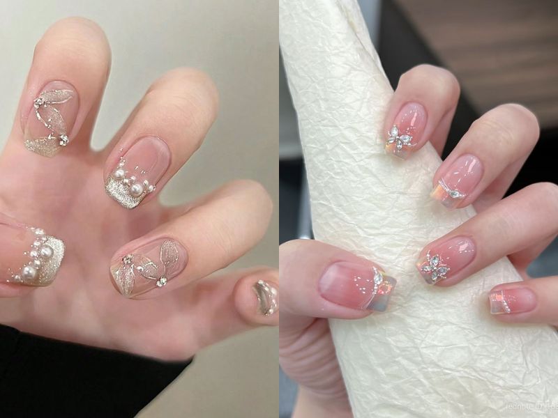 mẫu sơn thạch đính đá nền hồng trắng