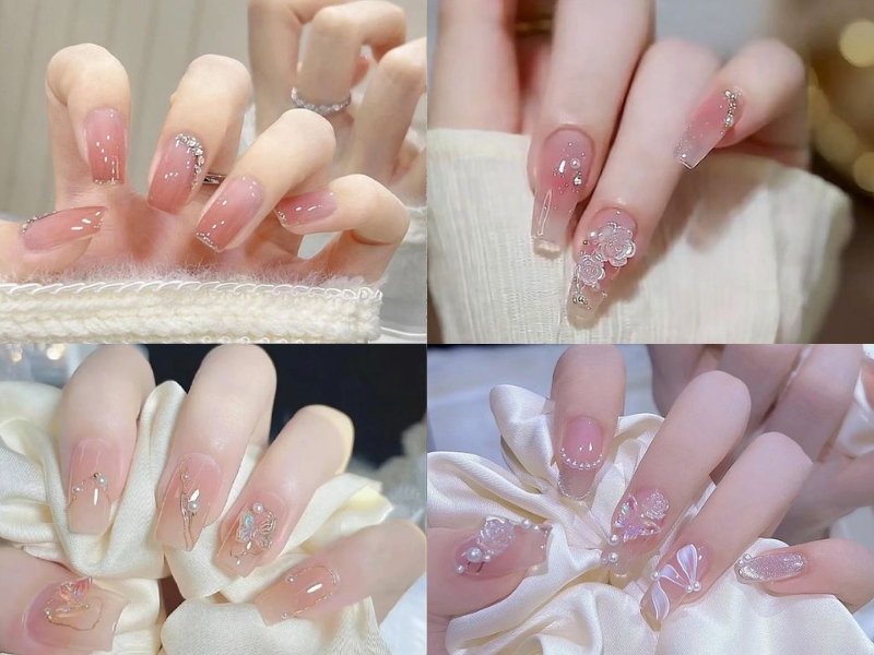 Mẫu nail sơn thạch đơn giản họa tiết đính đá