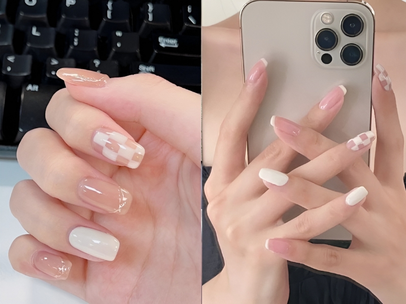 Mẫu nail sơn thạch đơn giản ô vuông