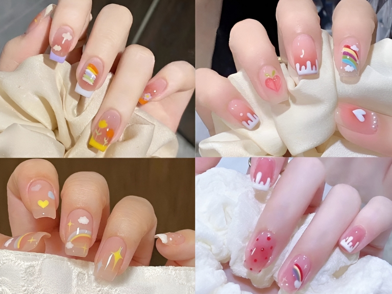 Mẫu nail sơn thạch đơn giản cầu vồng