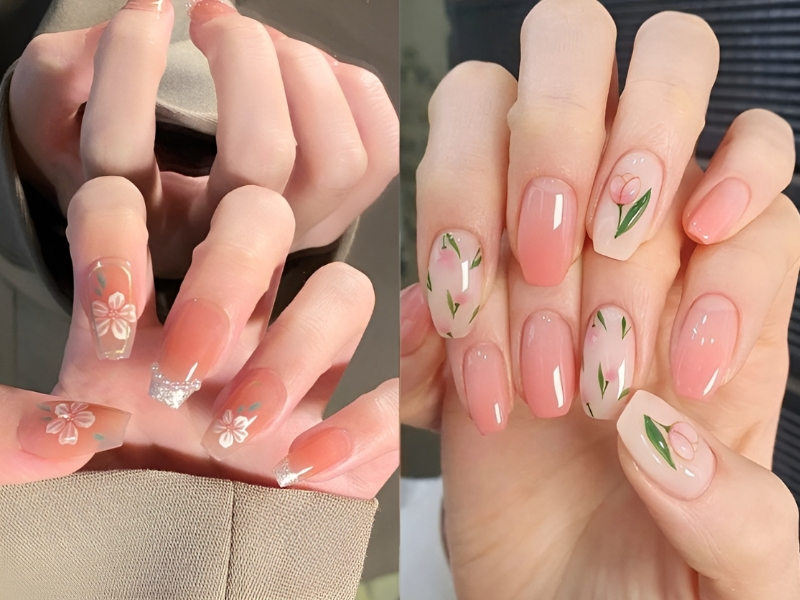 Mẫu nail sơn thạch đơn giản hoa lá