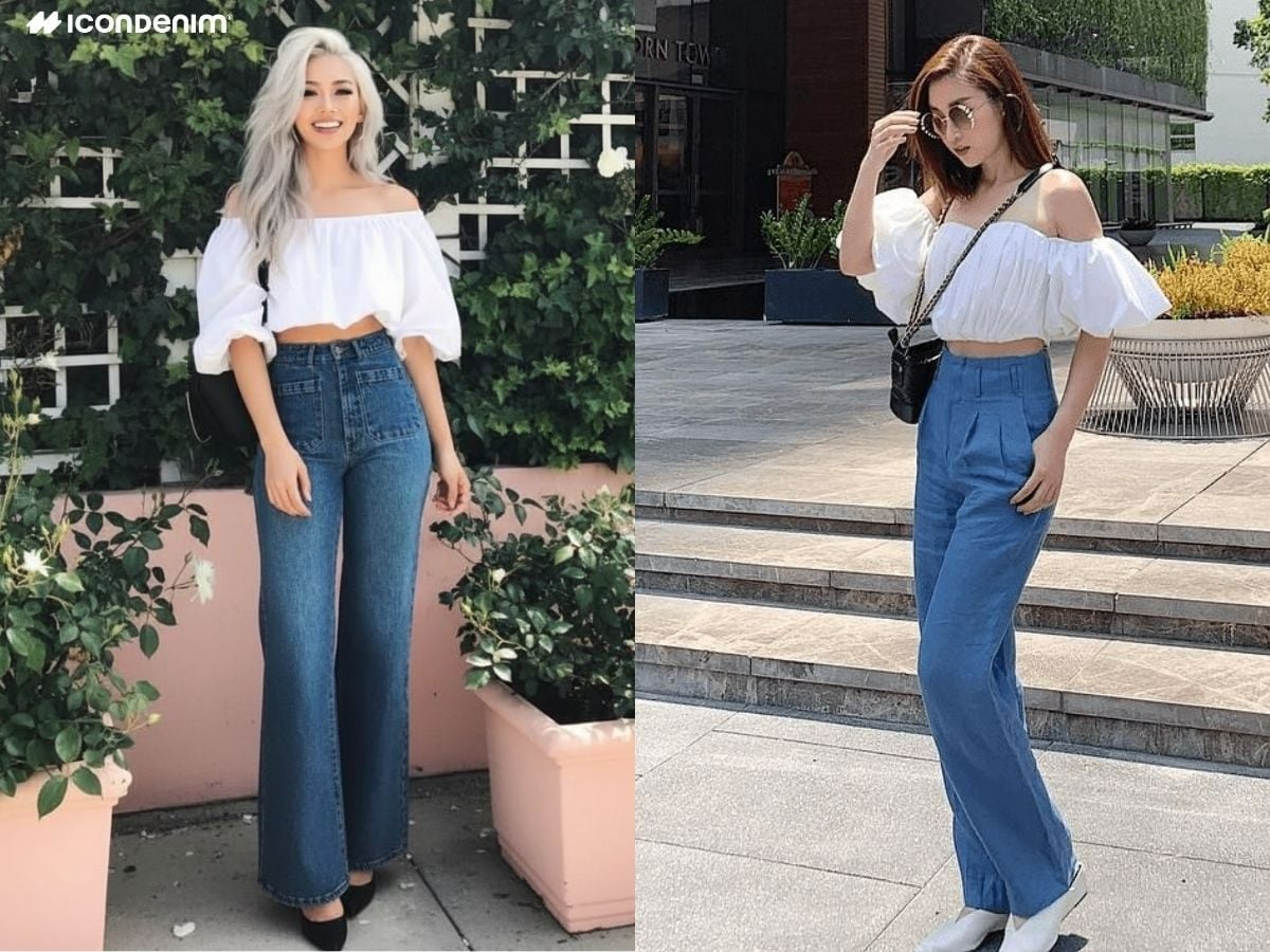 Quần ống loe phối áo trễ vai
