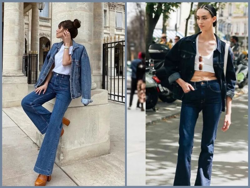 quần bò ống loe mặc với áo gì mùa đông