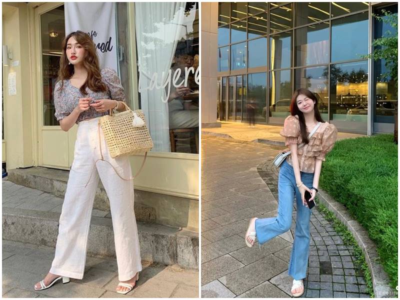 áo lụa mặc với quần ống loe