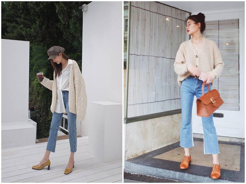 Quần ống loe phối áo len