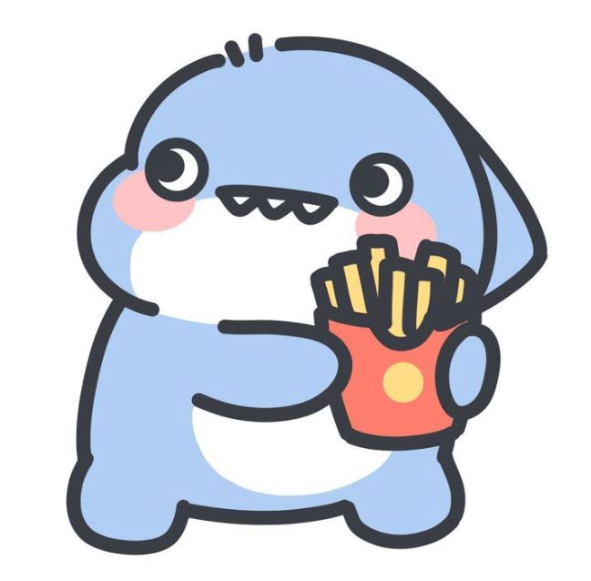 Cá mập anime cầm khoai tây chiên vui vẻ