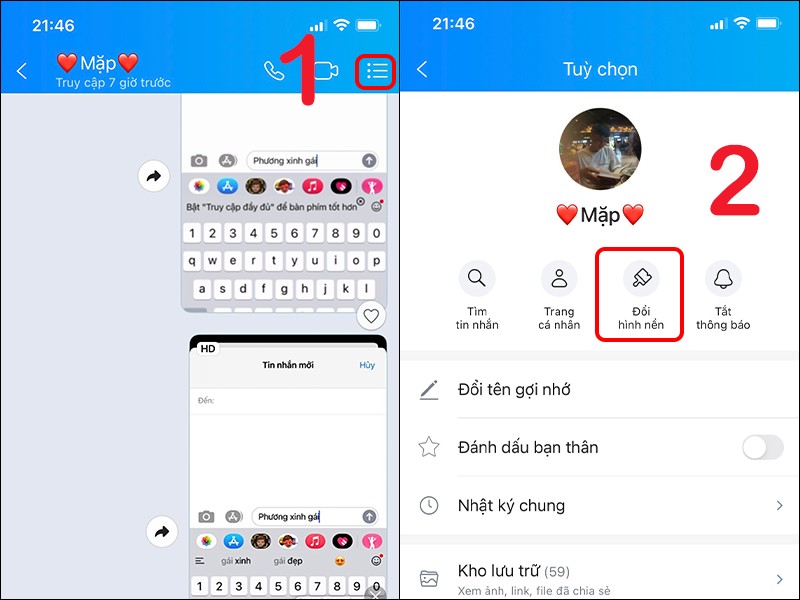 Mở menu cuộc trò chuyện và chọn mục Đổi hình nền trong Zalo iOS