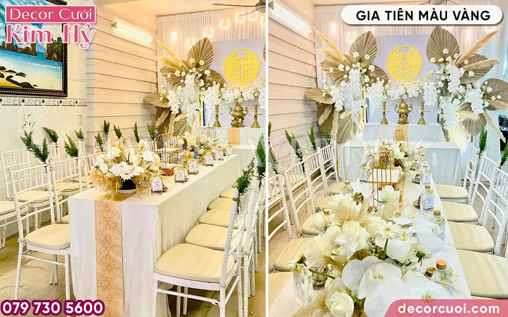 Trang trí gia tiên màu vàng với lá cọ