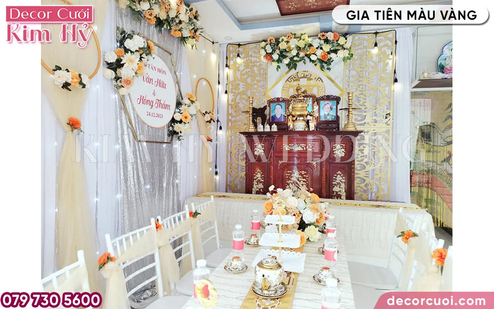 Trang trí gia tiên lễ vu quy tone màu vàng