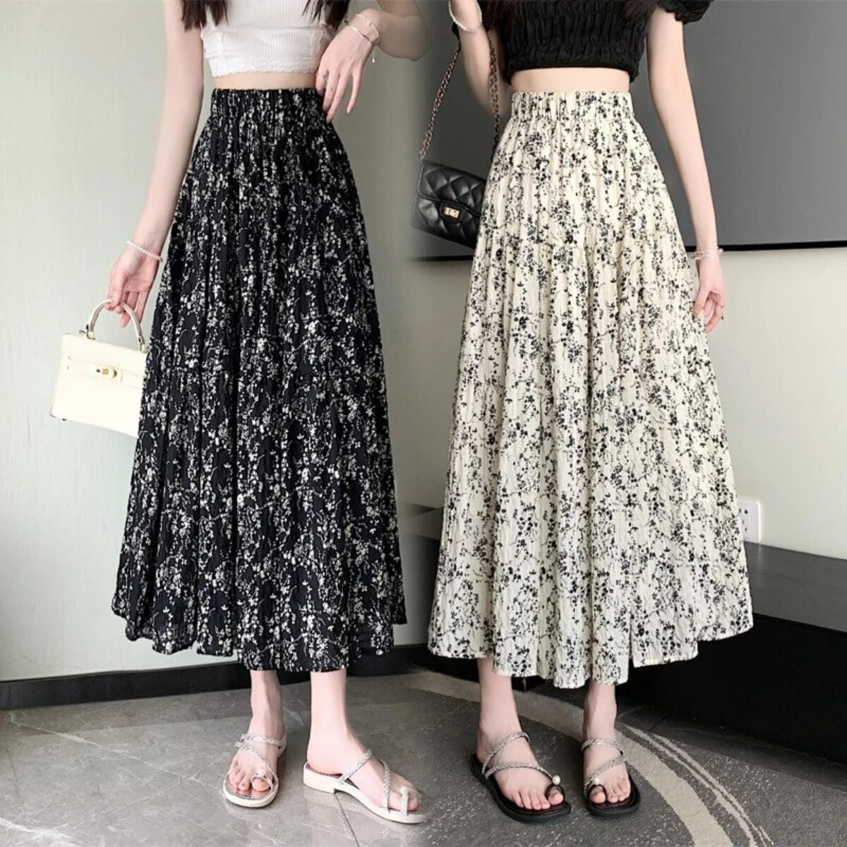 Cách phối đồ với chân váy hoa xòe và áo trắng