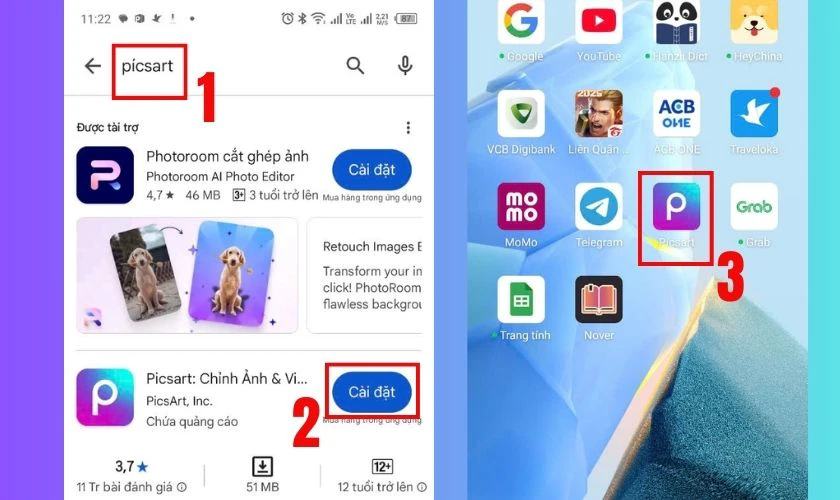 Tìm kiếm PicsArt, sau đó nhấn cài đặt