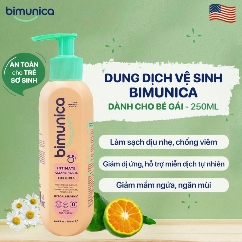 Dung dịch vệ sinh Bimunica dành cho bé gái từ 0 tháng tuổi – 250 ml