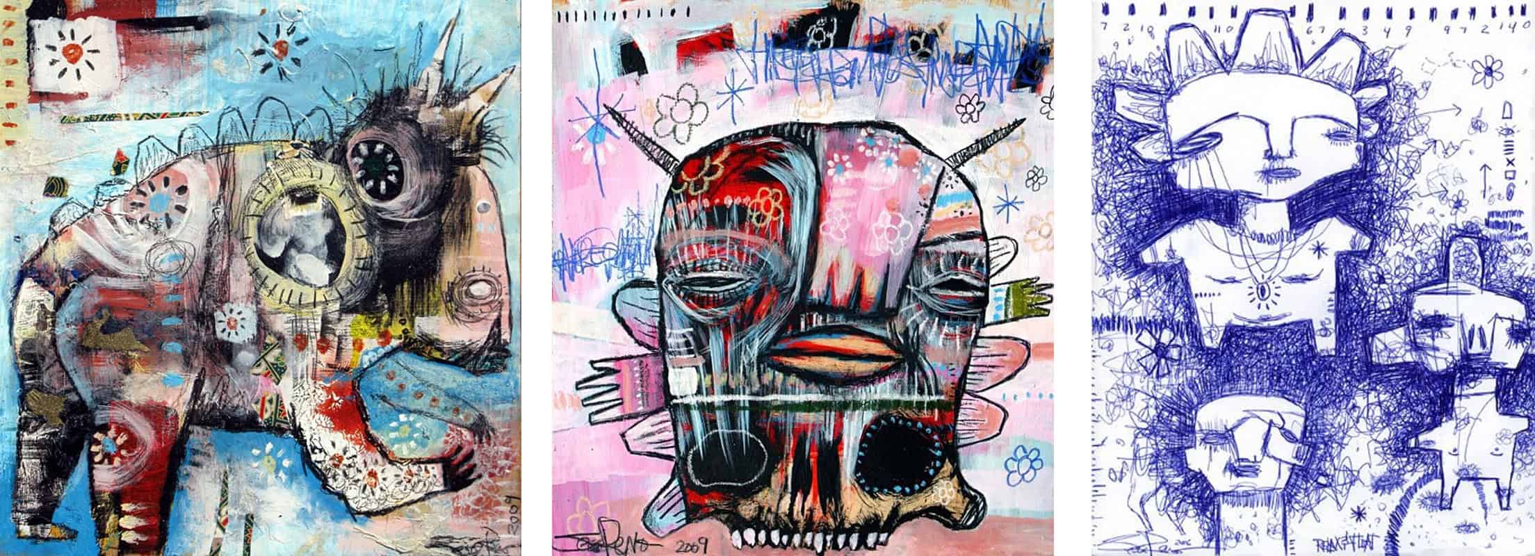 Three abstract pieces of art: a textured animal, a colorful face with horns, and a blue ink drawing of stylized people, all showcasing Jesse Reno's unique direction and ambition in contemporary art.