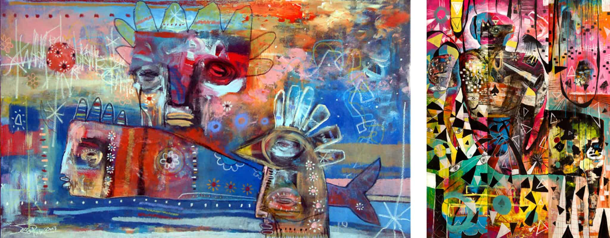 Twoabstract paintings by Jesse Reno feature facial features and geometric patterns in bold, dynamic colors.