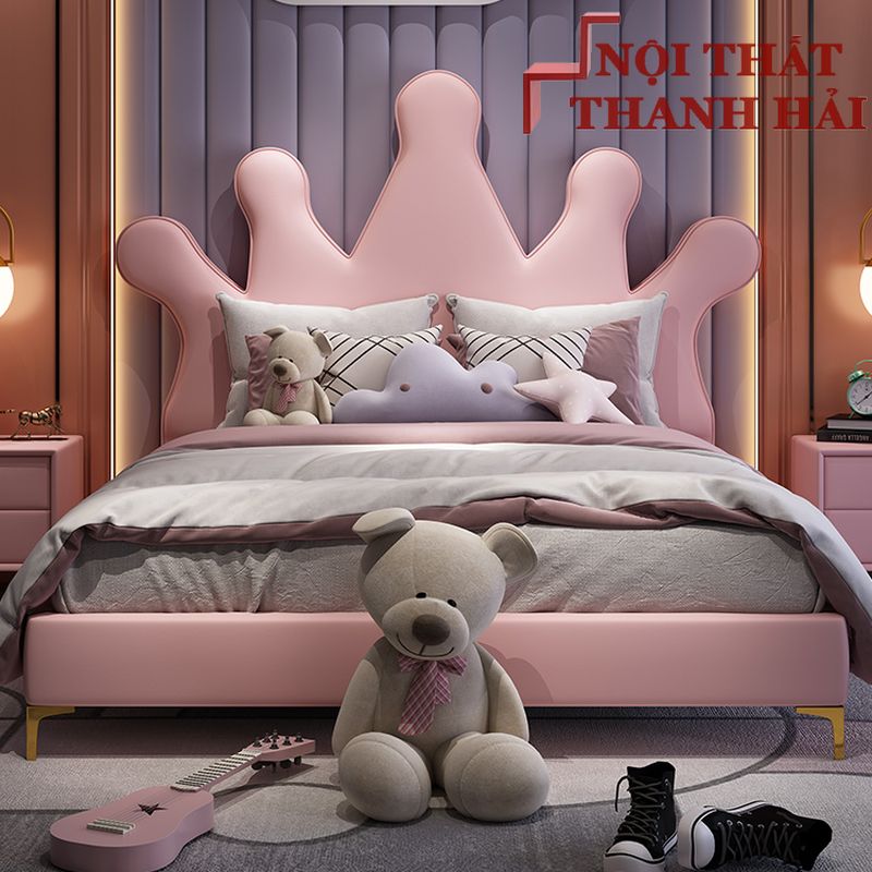 Giường công chúa vương miệng màu hồng cho bé gái size 1m2 , 1m4, 1m6